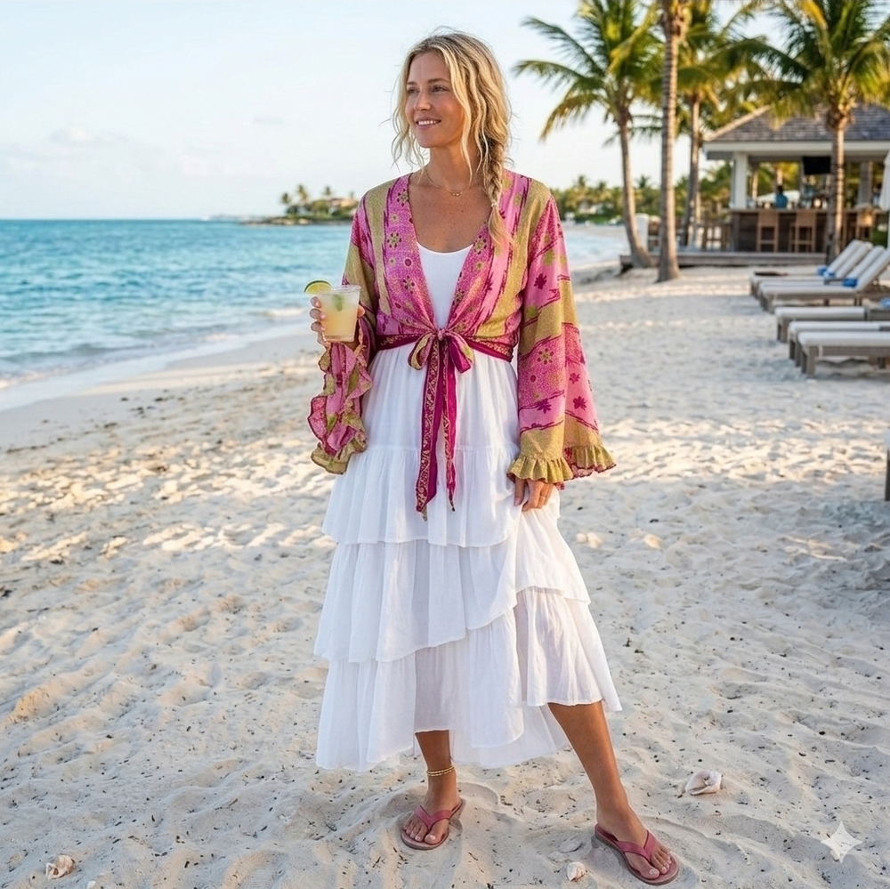 Karma N Crafts Pink & Green Boho Silk Cropped Sari Tie Front Wrap Top O/S
